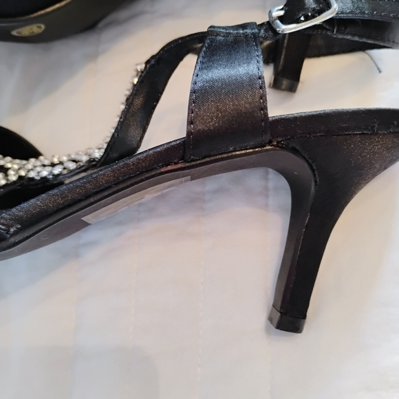 Black TAXI Satin Strappy Sandals With Rhinestone Detail Black Satin Clutch Purse - Picture 8 of 16